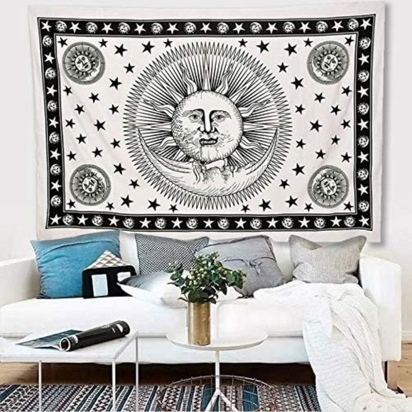 Black White Sun Star Moon Celestial Universe Boho Bohemian Wall Decor Cotton NEW - Picture 1 of 7